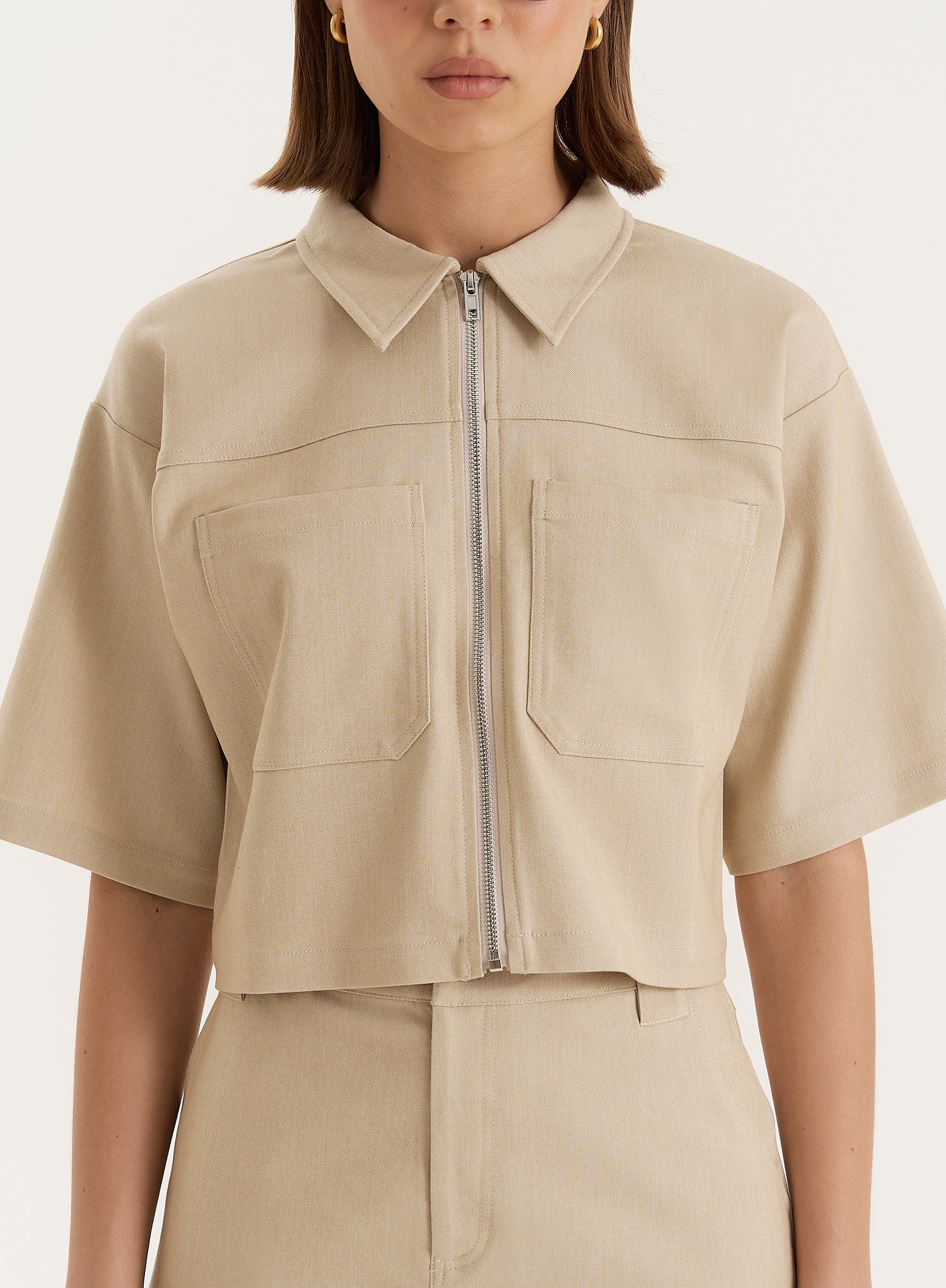 Beige Cropped Tailored Zip Through Shirt
